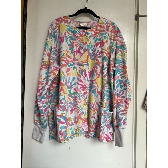 UA Scrubs Rainbow Girl Turquoise Button Up Long Sleeve Top Woman’s Size Large - Picture 1 of 8